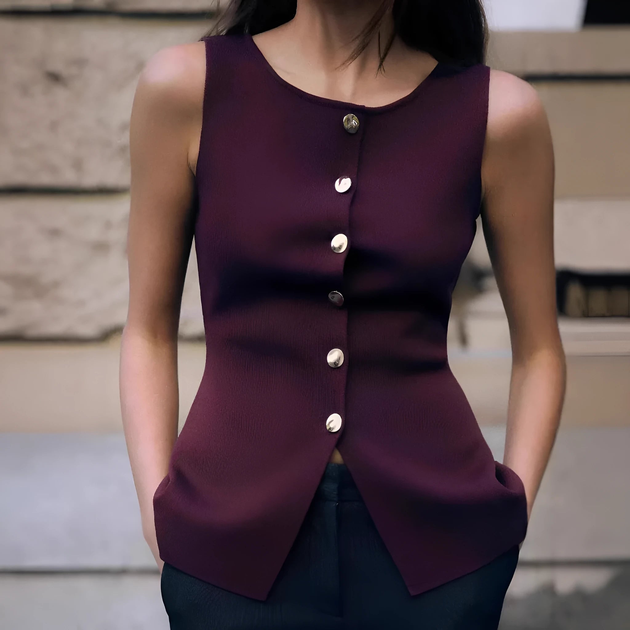 Dark red women's sweater vest with gold buttons and 3D patterns, V-neck slim fit design