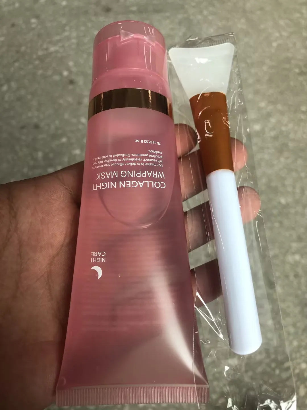 75ml bottle of collagen night mask with applicator brush for skin firming and hydration.