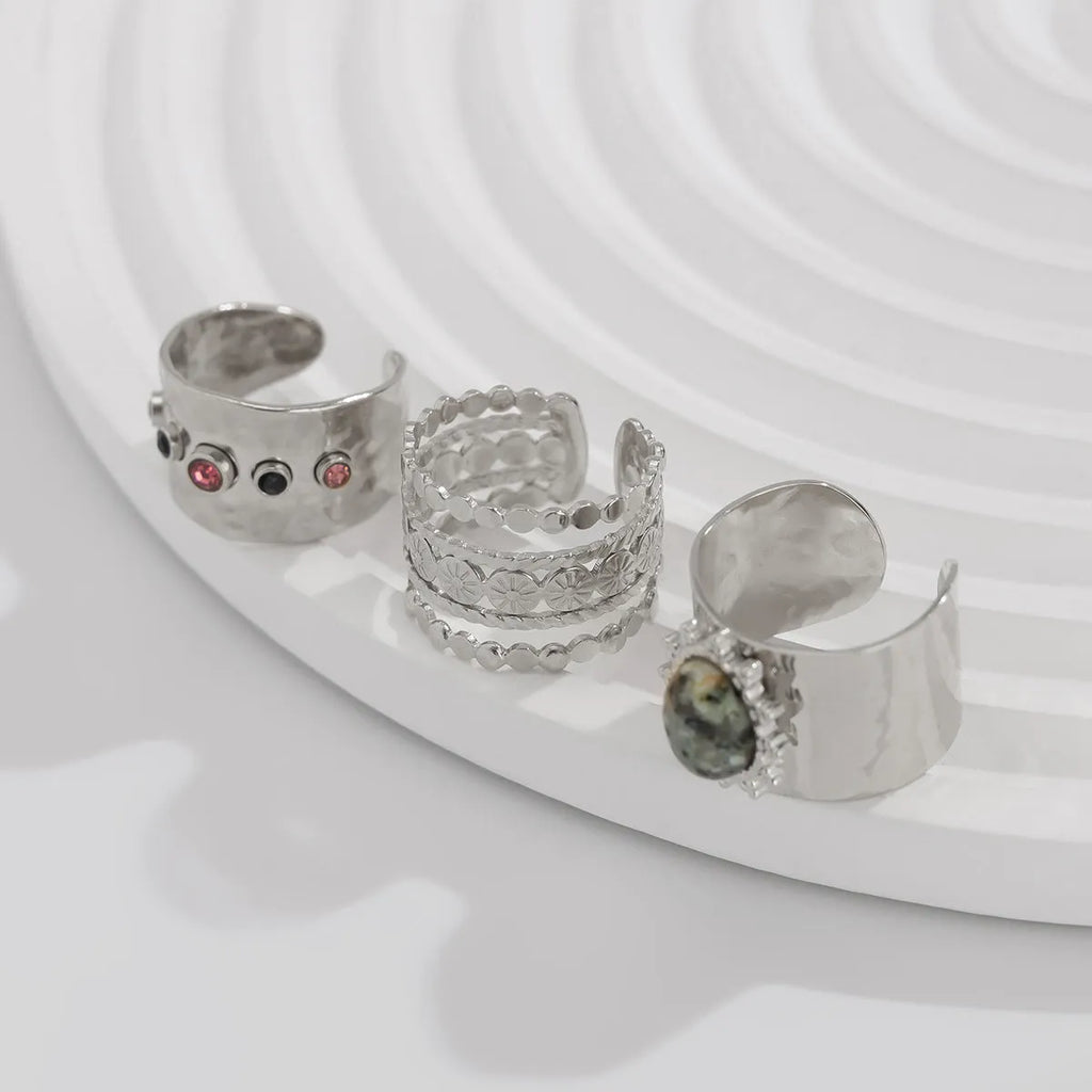 European and American retro micro-inlaid wide face ring set for women in light gold, open mouth alloy construction
