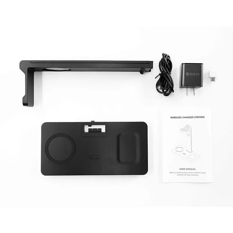 Black wireless charging station with brackets for mobile phone, smartwatch and headset