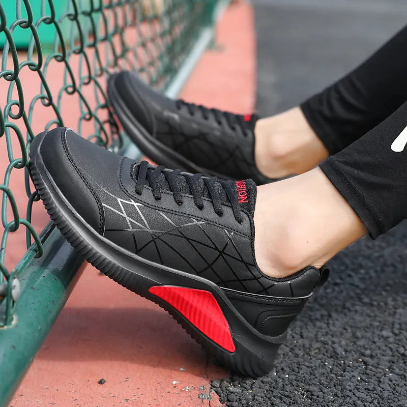 Men's casual running shoes with microfiber upper, mesh lining, PU sole, in black red, black gold, or black and white, sizes 39-44