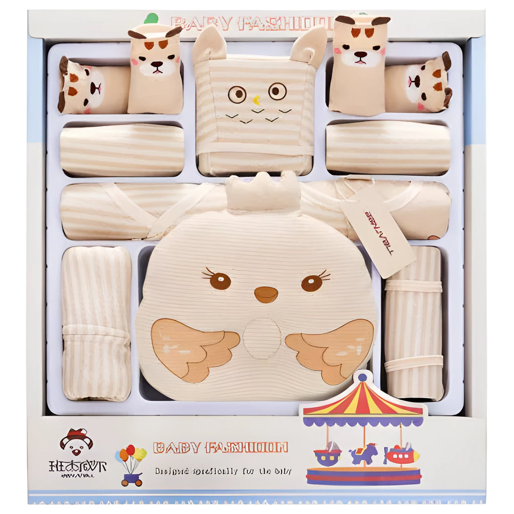 Beige 100% cotton baby clothes set with cartoon animal print, including a suit and cardigan for newborns.