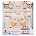 Beige 100% cotton baby clothes set with cartoon animal print, including a suit and cardigan for newborns.