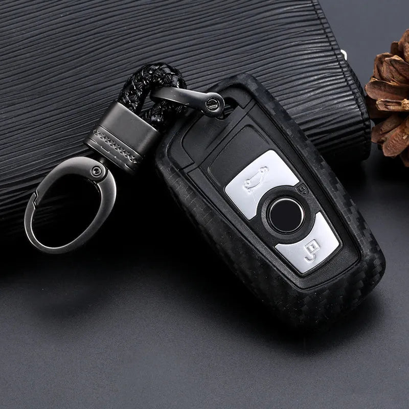Carbon fibre silicone key bag for car key fob protection with single bag braided rope style