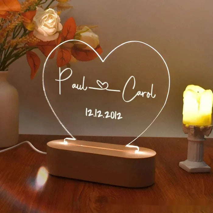 Transparent custom acrylic night light with personalised text, measuring 20cm by 11.5cm.
