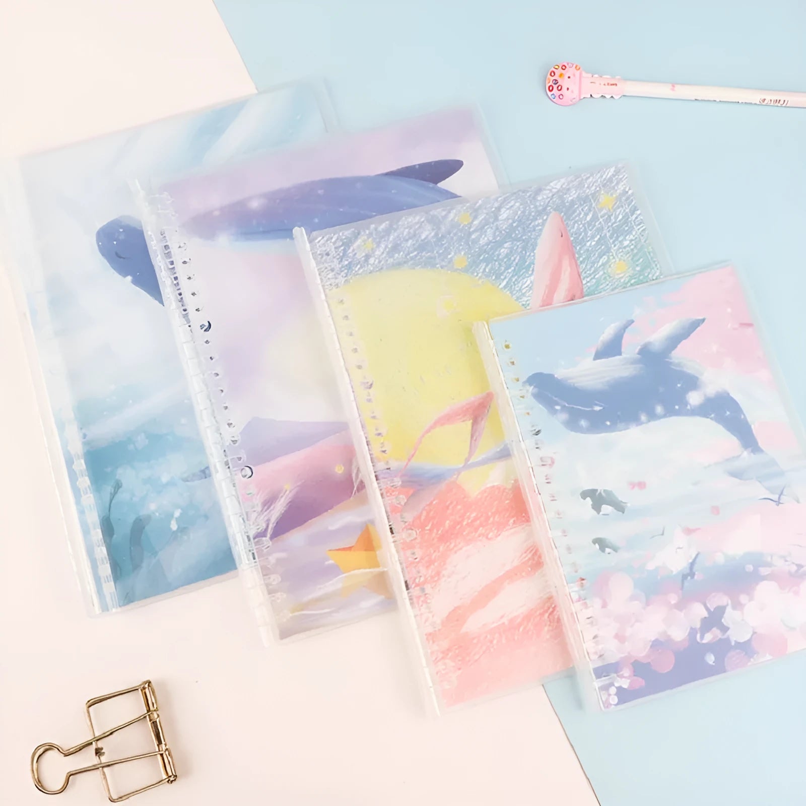 Children's hand-ledger notebook with hardcover showing animal designs including whale and fruit patterns