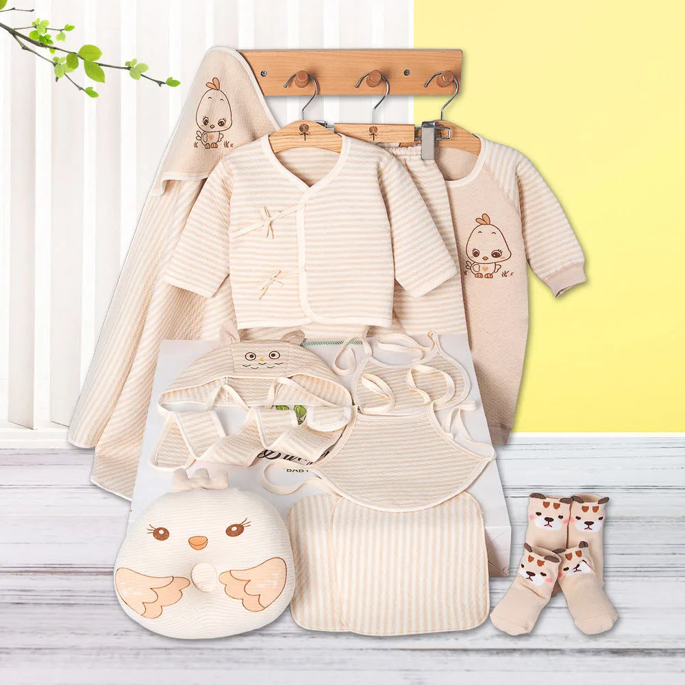 Beige 100% cotton baby clothes set with cartoon animal print, including a suit and cardigan for newborns.