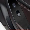 Four pre-cut TPU protective films for car interior door control panels, showing transparent, carbon fibre, and matte black finishes.