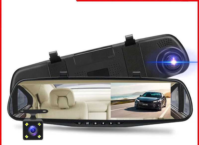 Car driving recorder HD night vision rearview mirror 4.3-inch wide-angle lens black