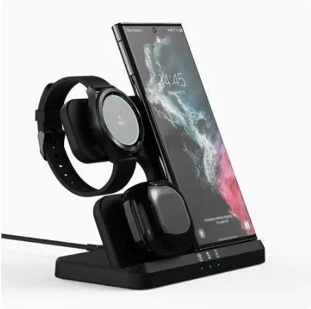Vertical 3in1 wireless charger stand for mobile phone, smartwatch, and earbuds with Type-C input