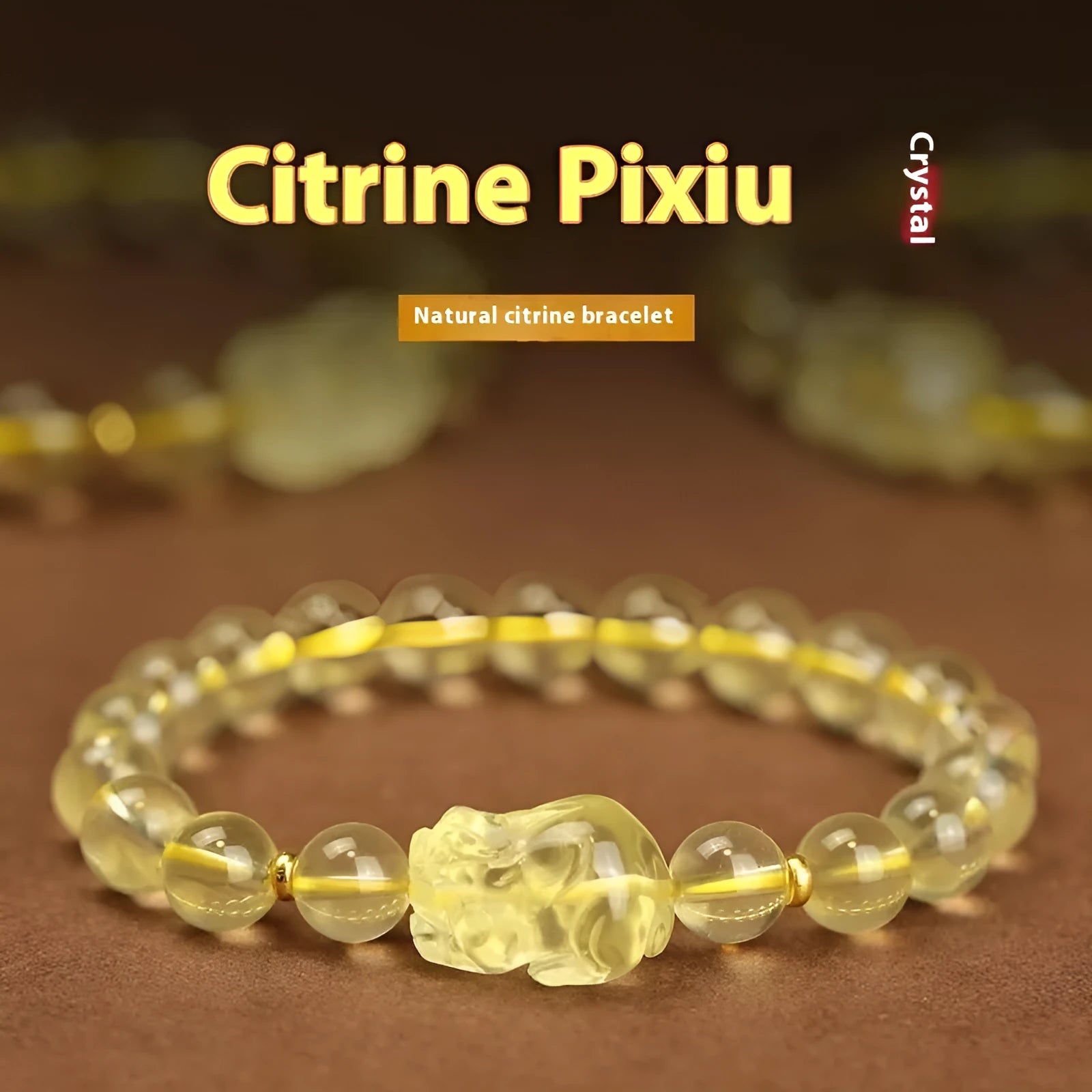 Yellow leather adjustable bracelet with a citrine Pi Xiu crystal charm in Chinese simple style.