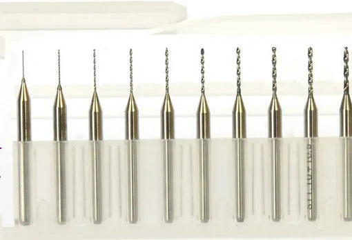 Close-up of imported tungsten carbide micro engraving bits for industrial electronics and precision machining.
