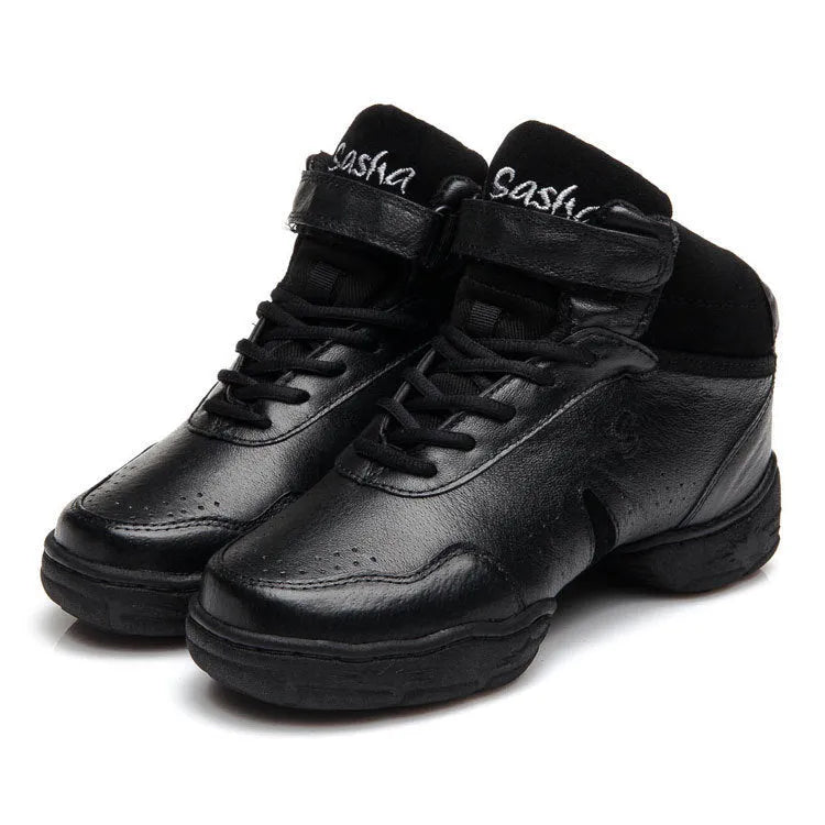 Black leather square dance fitness soft sole shoes with pigskin upper and rubber sole on dance floor