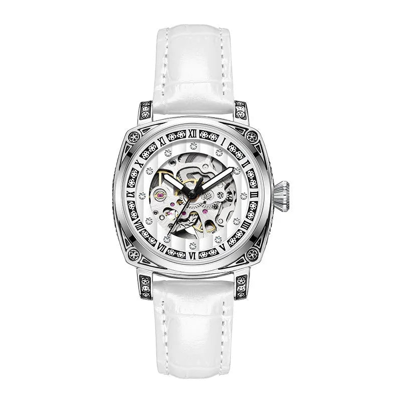 Men's mechanical watch with luminous hands on a leather strap, showing colour options: black, red, steel, and white dials.