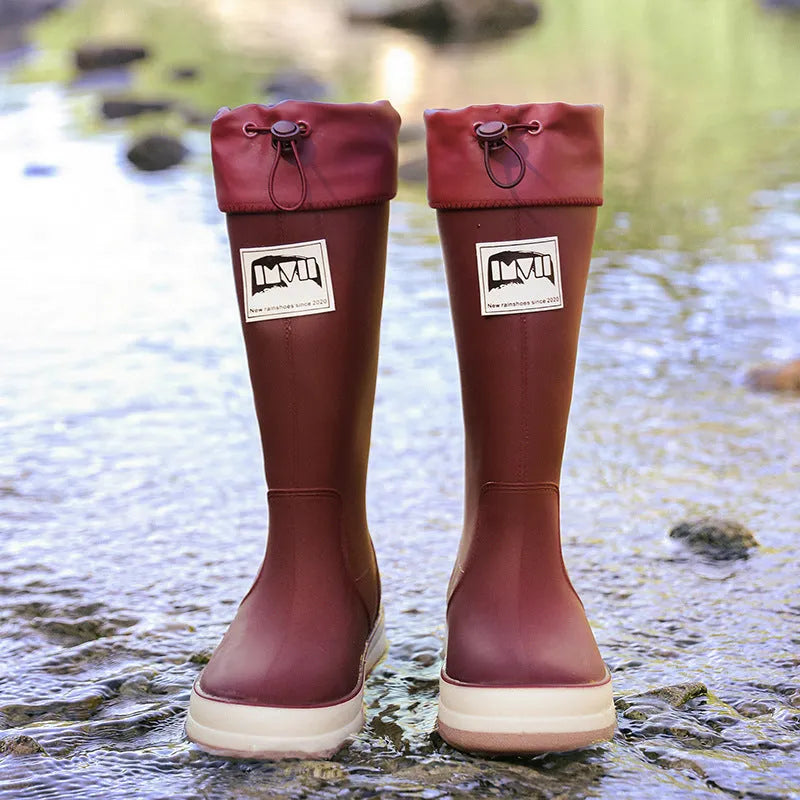 Couple platform high tube waterproof rain boots in solid colours with non-slip soles