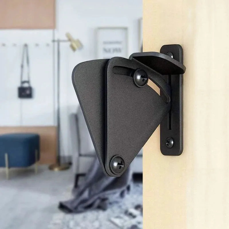 Black stainless steel sliding barn door lock showing two size options for different door gap measurements