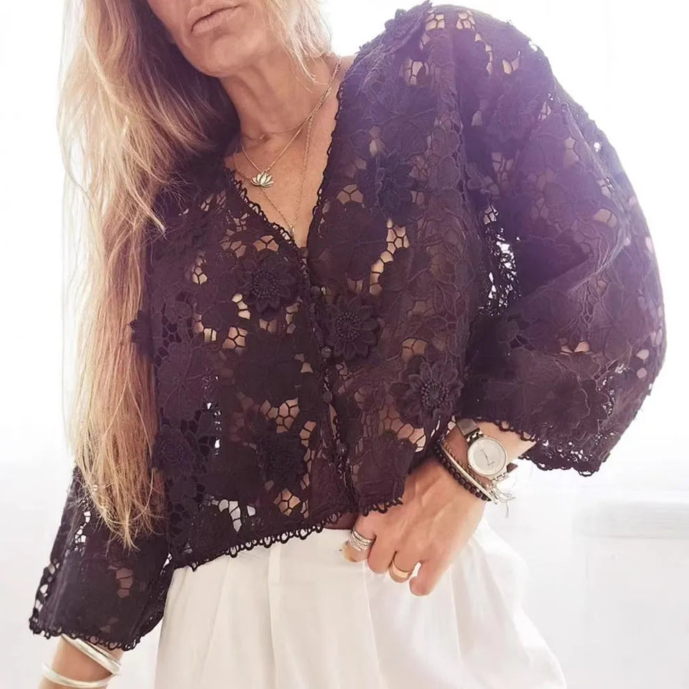 Women's loose fit black lace V-neck cardigan shirt featuring a three-dimensional white lace flower decoration on the chest.