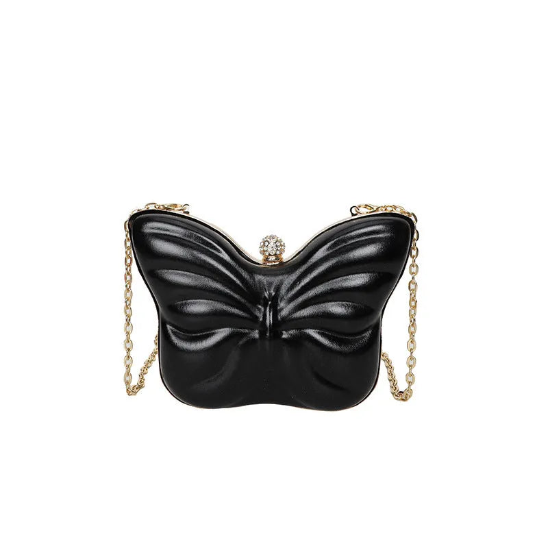 Women's PU leather crossbody bag with butterfly chain, black colour, sandwich pocket, 19.5cm width
