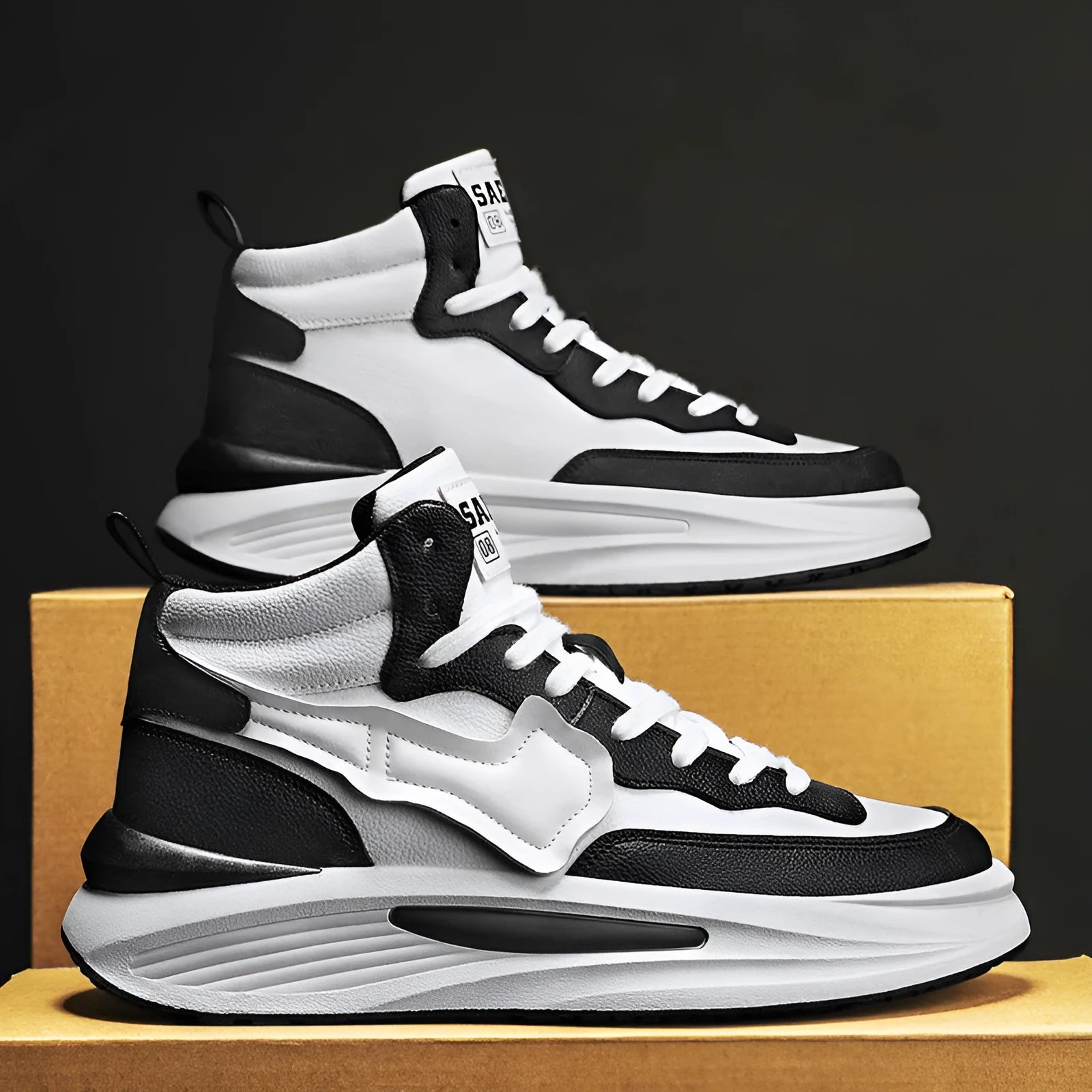Men's black platform high-top shoes with round toe and artificial PU upper