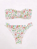 New flower swimwear women bikini set split bandeau top bottom polyester floral print blue flowers size S M L