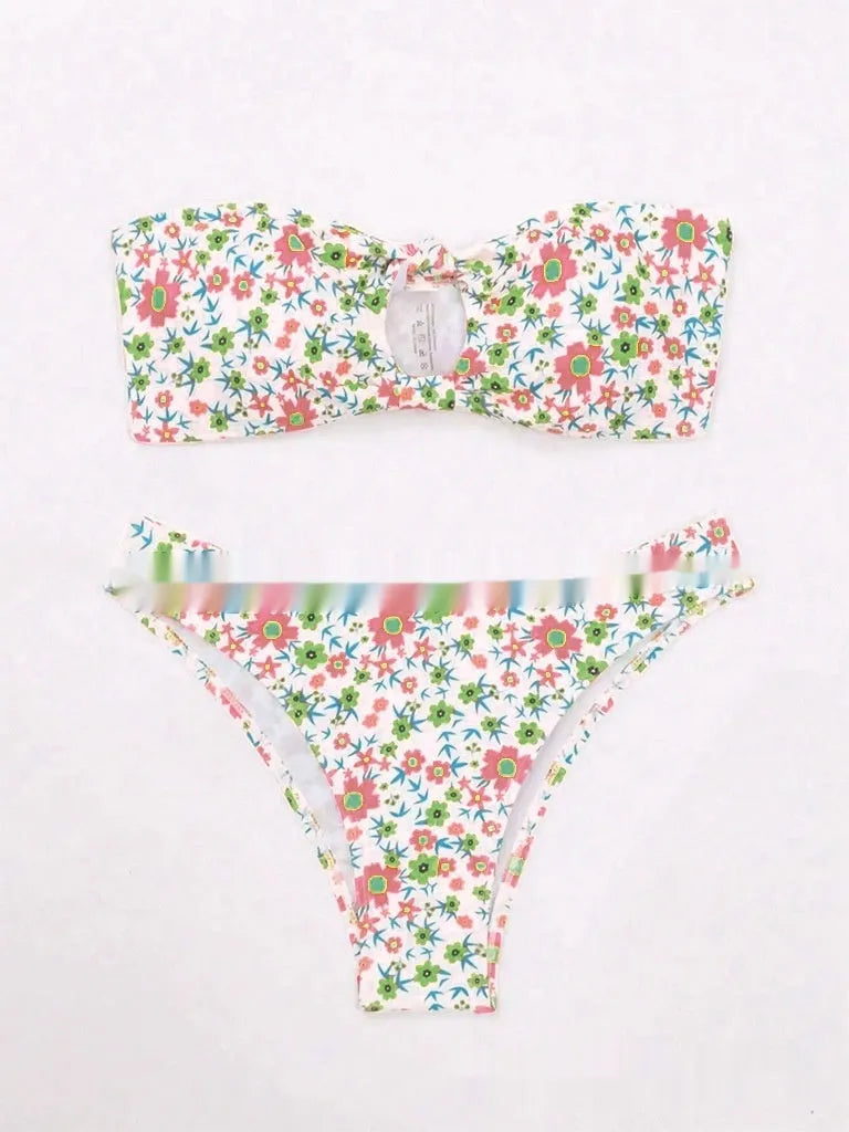 New flower swimwear women bikini set split bandeau top bottom polyester floral print blue flowers size S M L