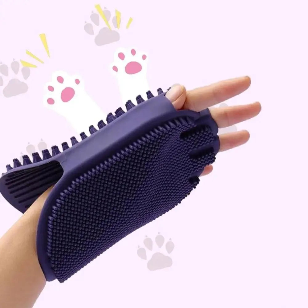 Purple dual-sided pet shampoo brush with soft TPR bristles and ergonomic handle for dog and cat grooming
