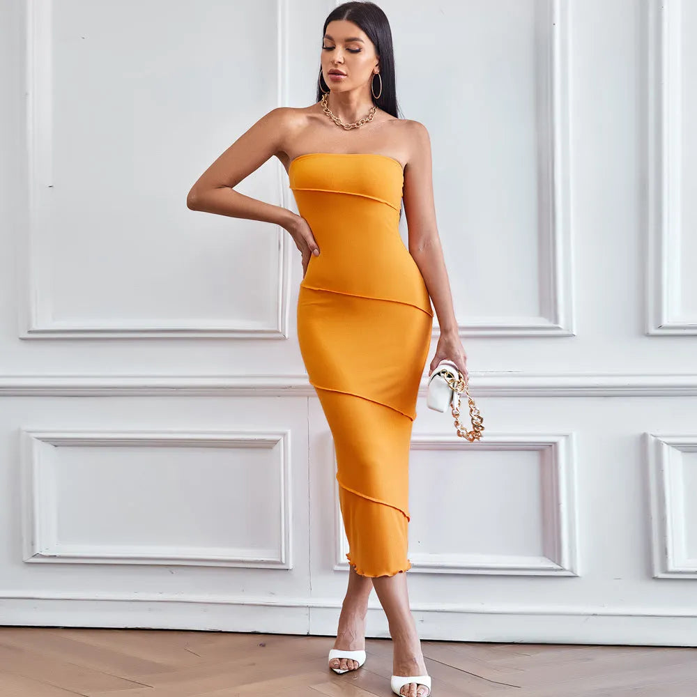 Sexy strapless solid colour bodycon beach dress with A-line skirt in black orange wine red