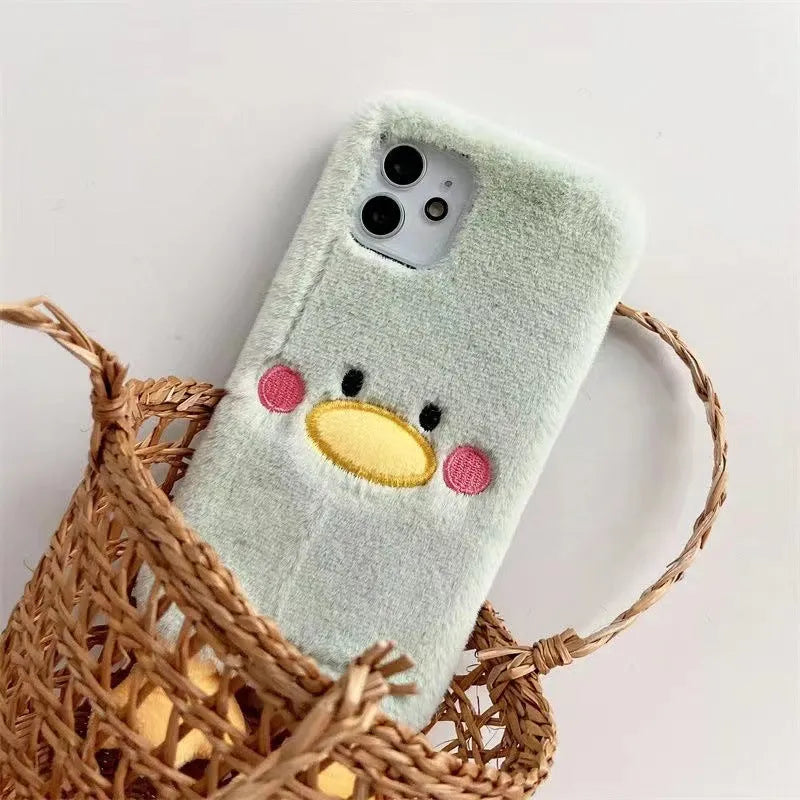 Plush duck TPU phone case for Apple iPhone 15 Pro with fall protection, back cover style, winter design