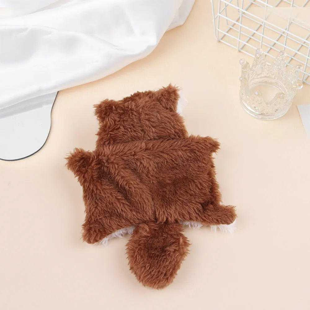 Plush flying squirrel cat teaser toy in brown and grey with ringing paper sound, on a plain background