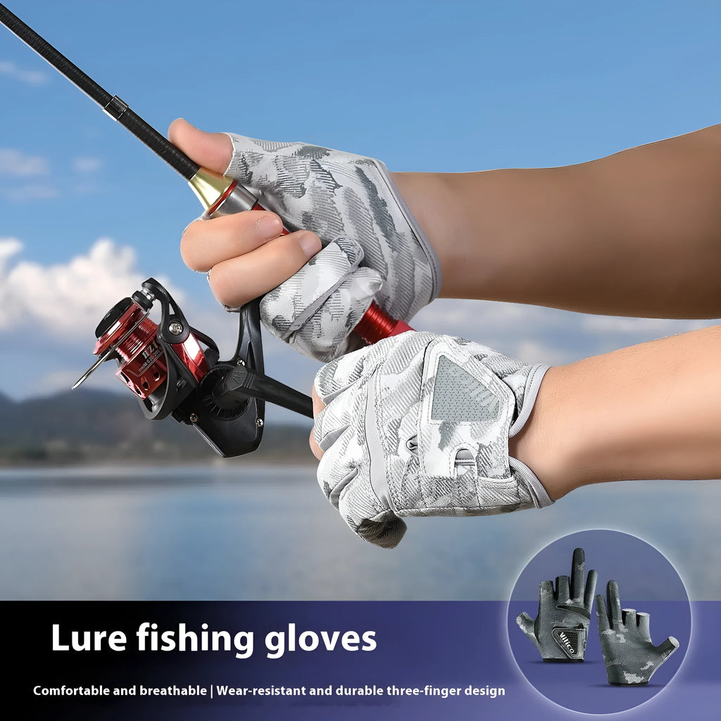 Black exposed three-finger polyester fishing lure gloves on a boat with fishing rod
