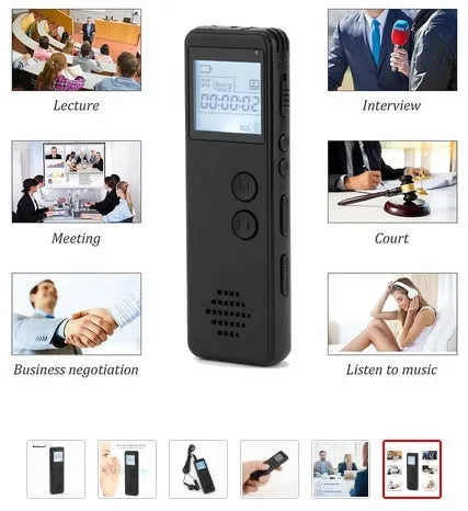 Black matte-finish MP3 digital voice recorder on a table showing its screen, recording button, and compact size.