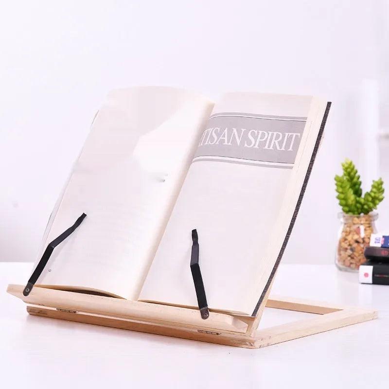 Large wooden book easel with iron clip, pine wood, 31 x 24 cm, holding an open book