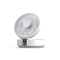 White portable folding fan with remote control showing 90-degree adjustable design