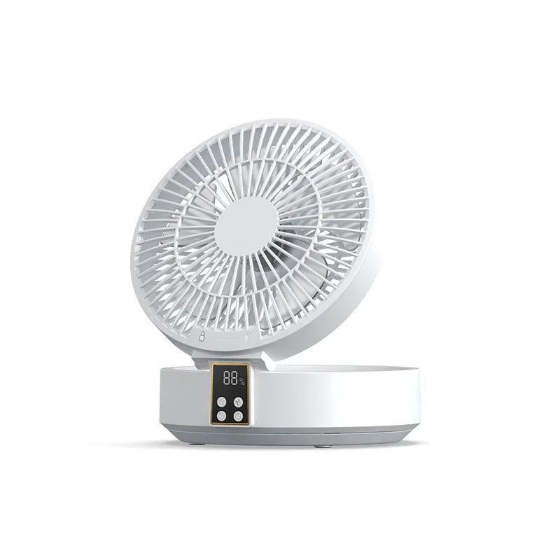White portable folding fan with remote control showing 90-degree adjustable design