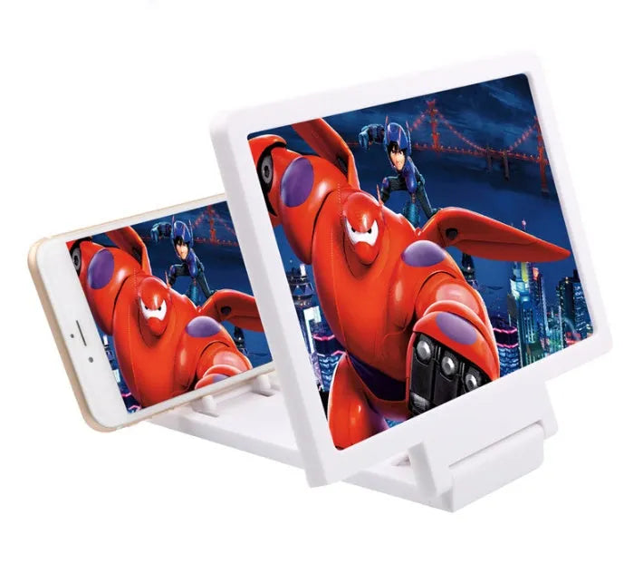 Black 3D mobile phone screen amplifier on a magnetic stand holding a phone.