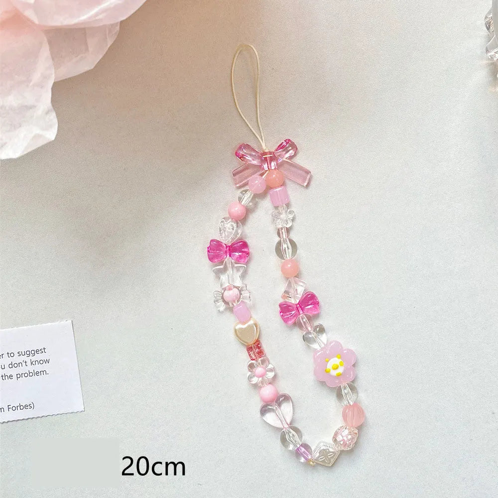 Plastic resin beaded mobile phone lanyard with flower beads in yellow