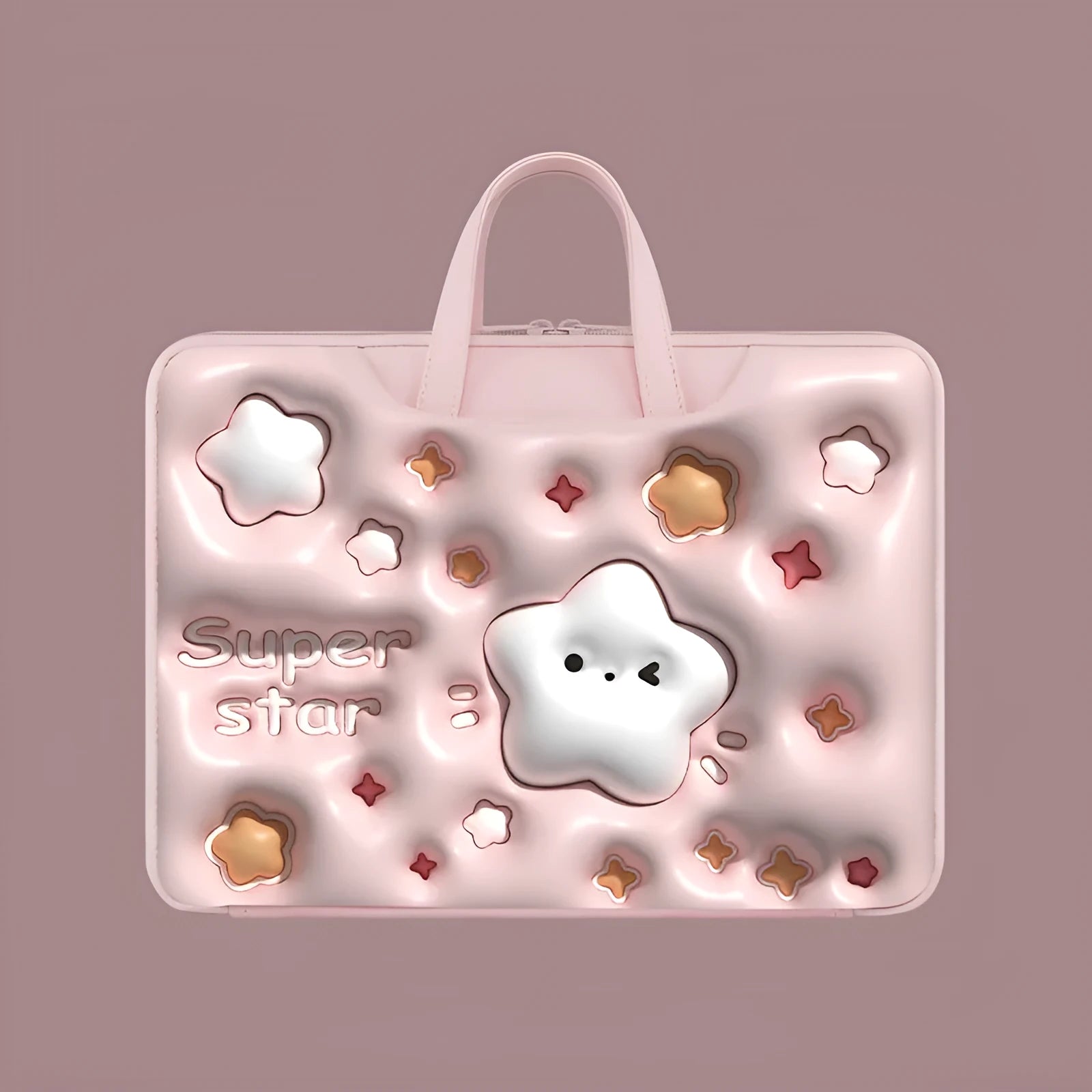 Inflatable laptop bag with PU leather lining and character design hanging from suitcase