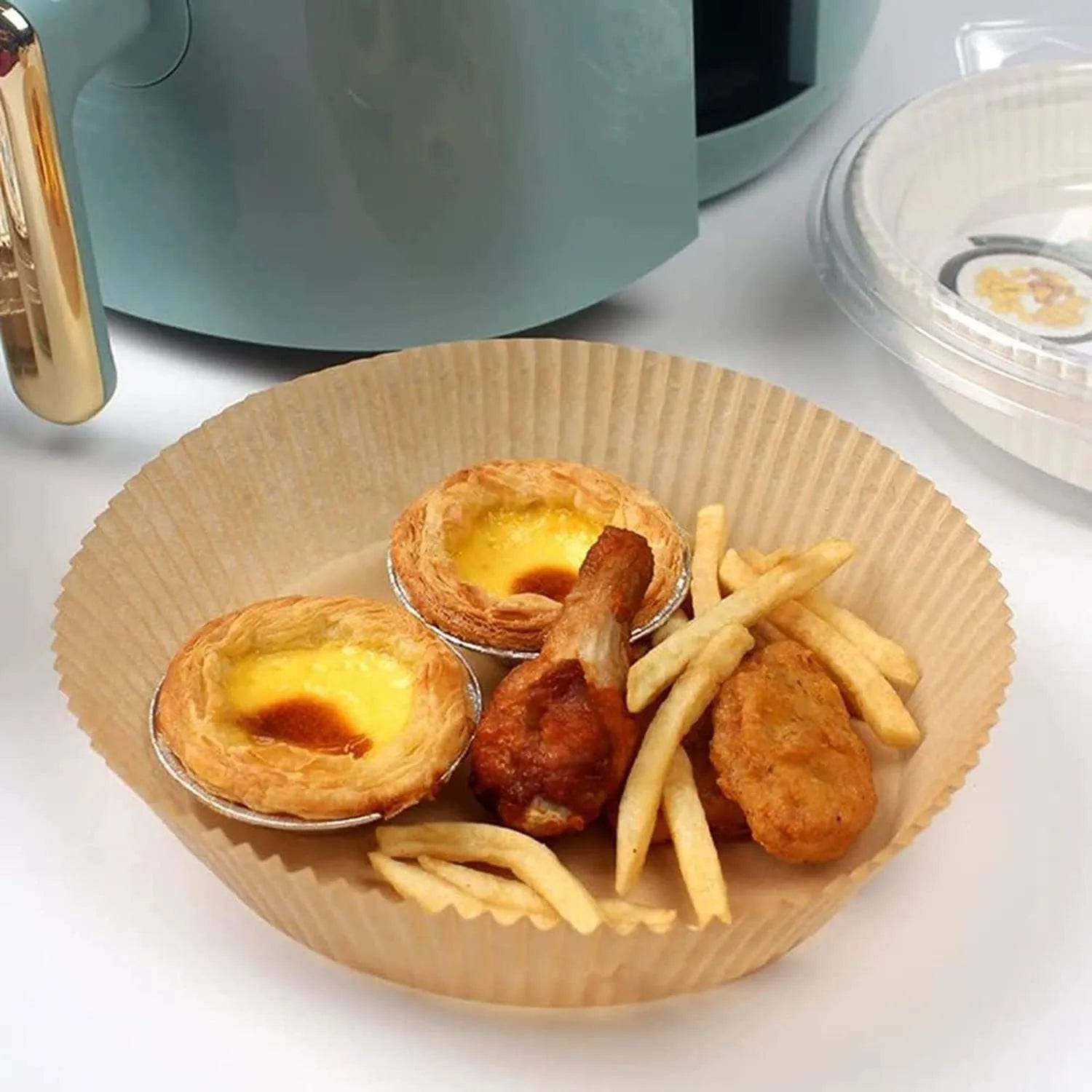 Disposable Air Fryer Paper Liners Food-Grade Parchment Baking Accessories Oil-Proof Non-Stick Round Bowl Shape 16cm Diameter 4.5cm Height 50-Piece Pack for Air Fryer Microwave Oven Steamer Natural Colour
