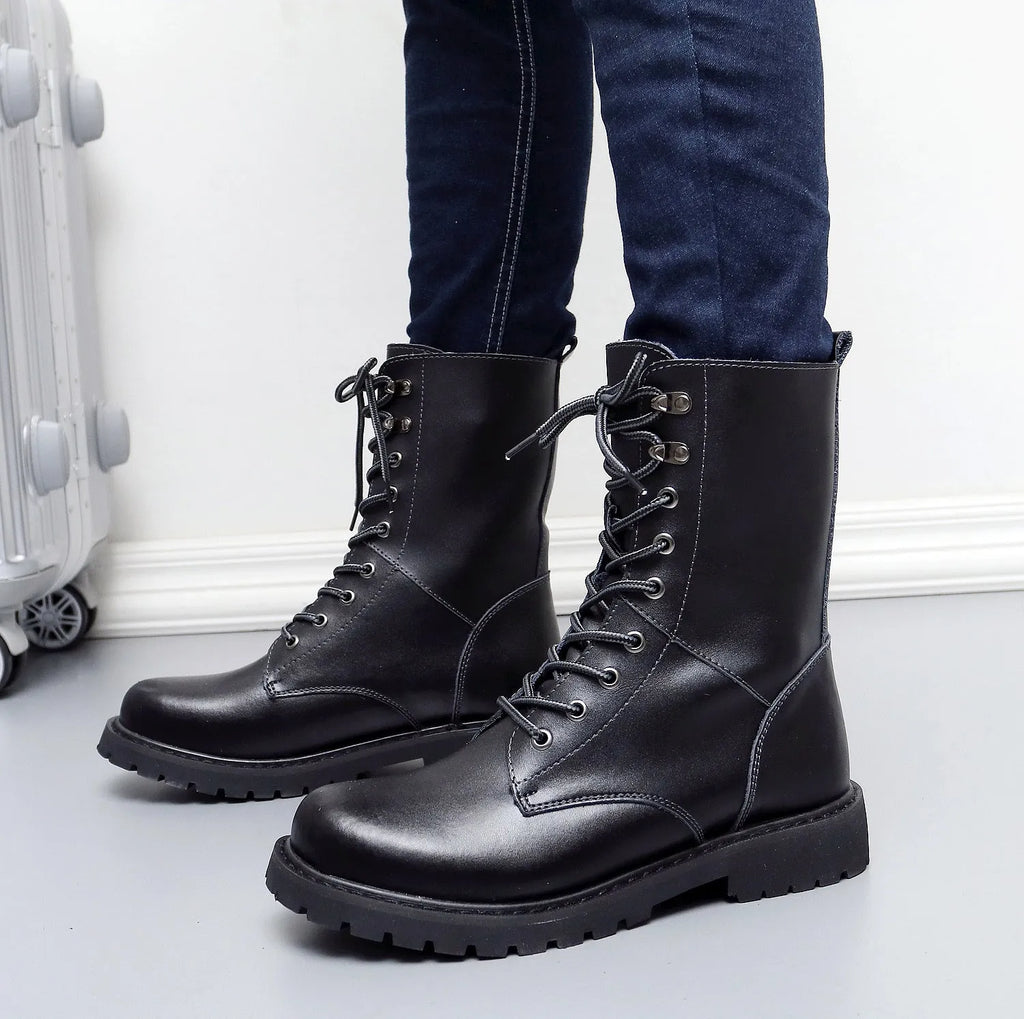 Men's leather military high top boots with fleece lining, black, side view showing front tie closure and square heel