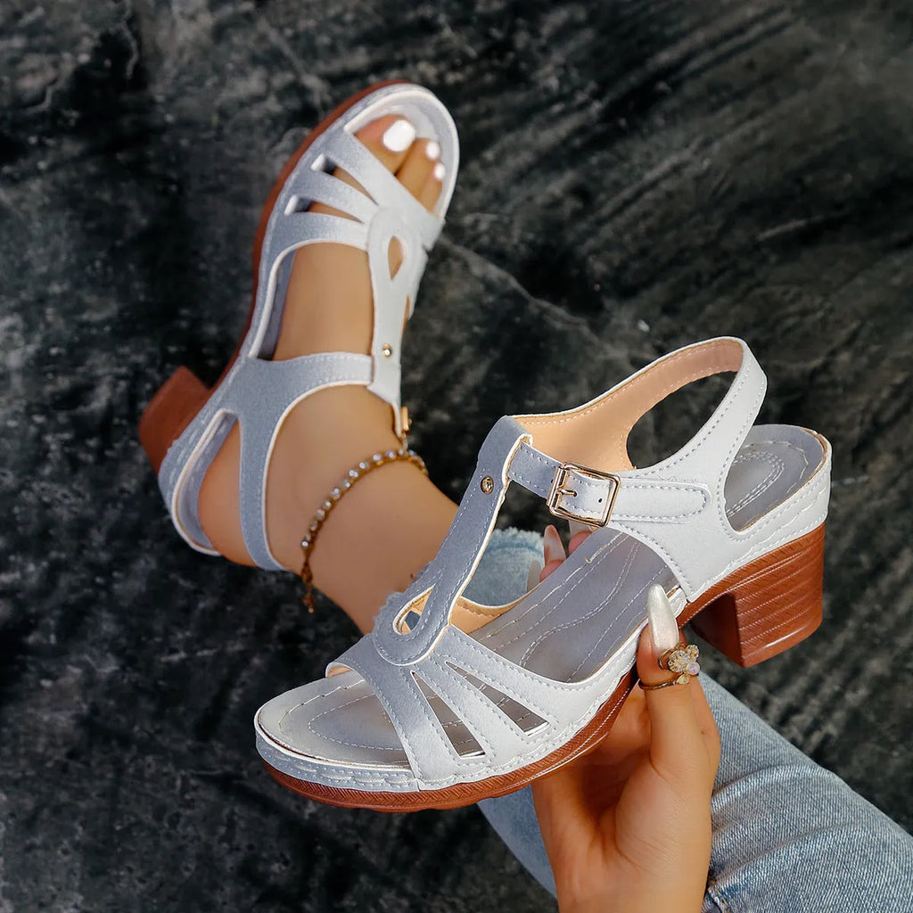 Women's peep toe wedge platform sandals with buckle fastening in various colours