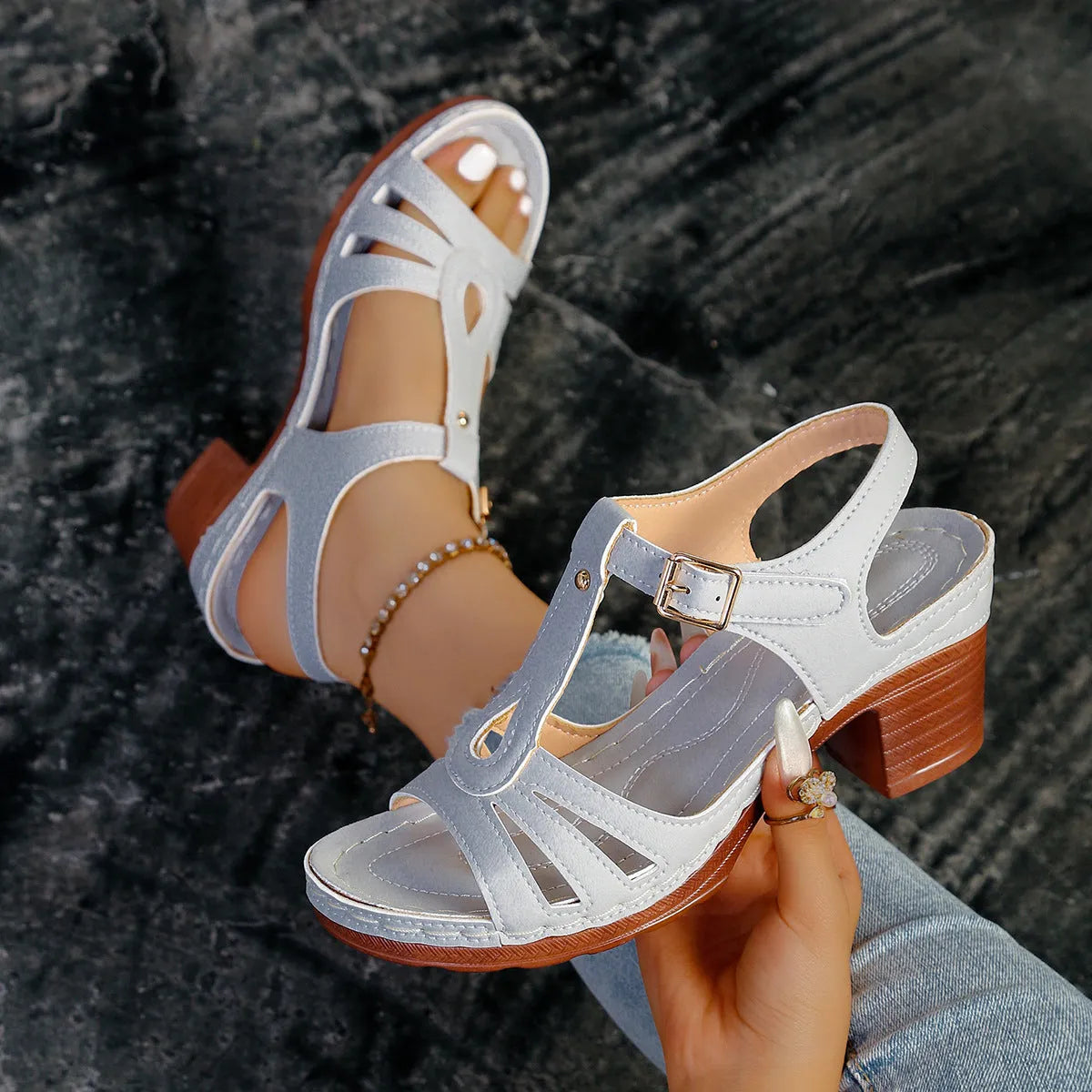 Women's peep toe wedge platform sandals with buckle fastening in various colours
