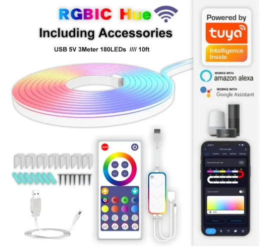 3-metre long RGB LED neon light strip with remote control on a white background.