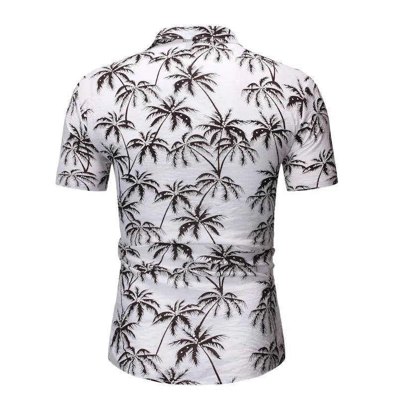 Men's loose lapel print top in light blue, long sleeves, casual polyester shirt