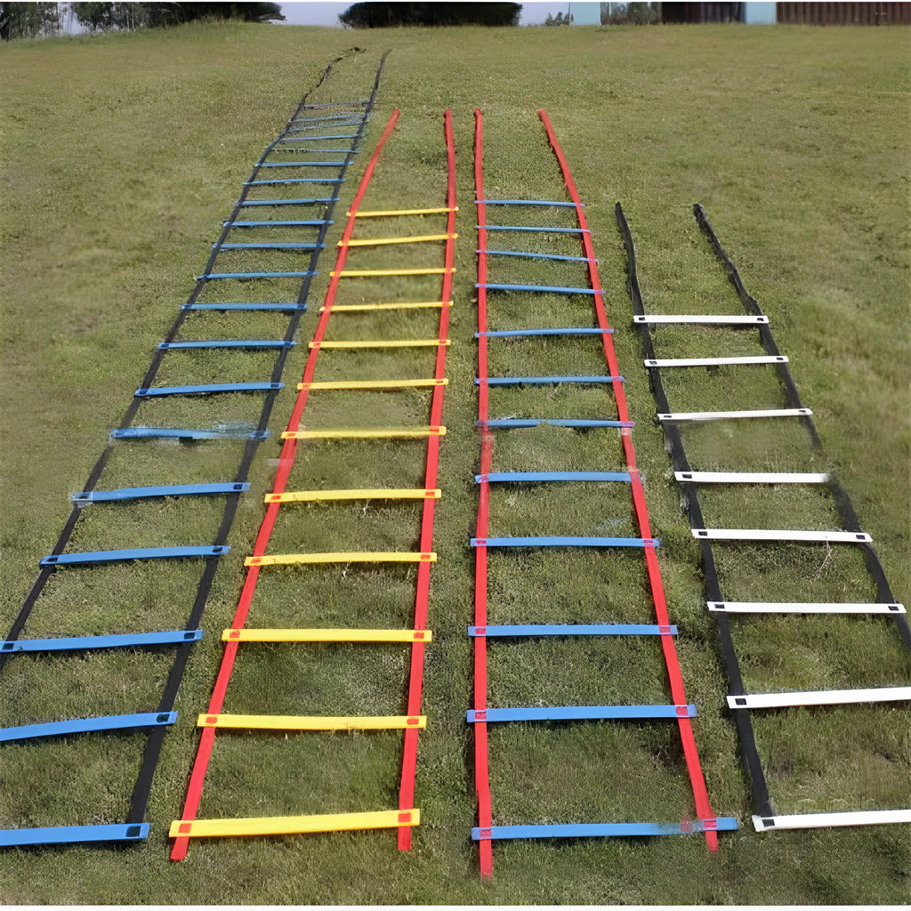 PP jump ladder in black laid flat on grass for foot basket training