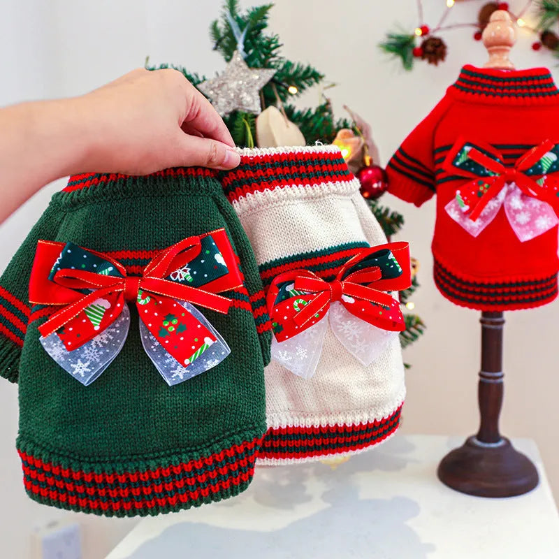 Red Christmas dog jumper on small dog showing festive holiday patterns and full coverage design