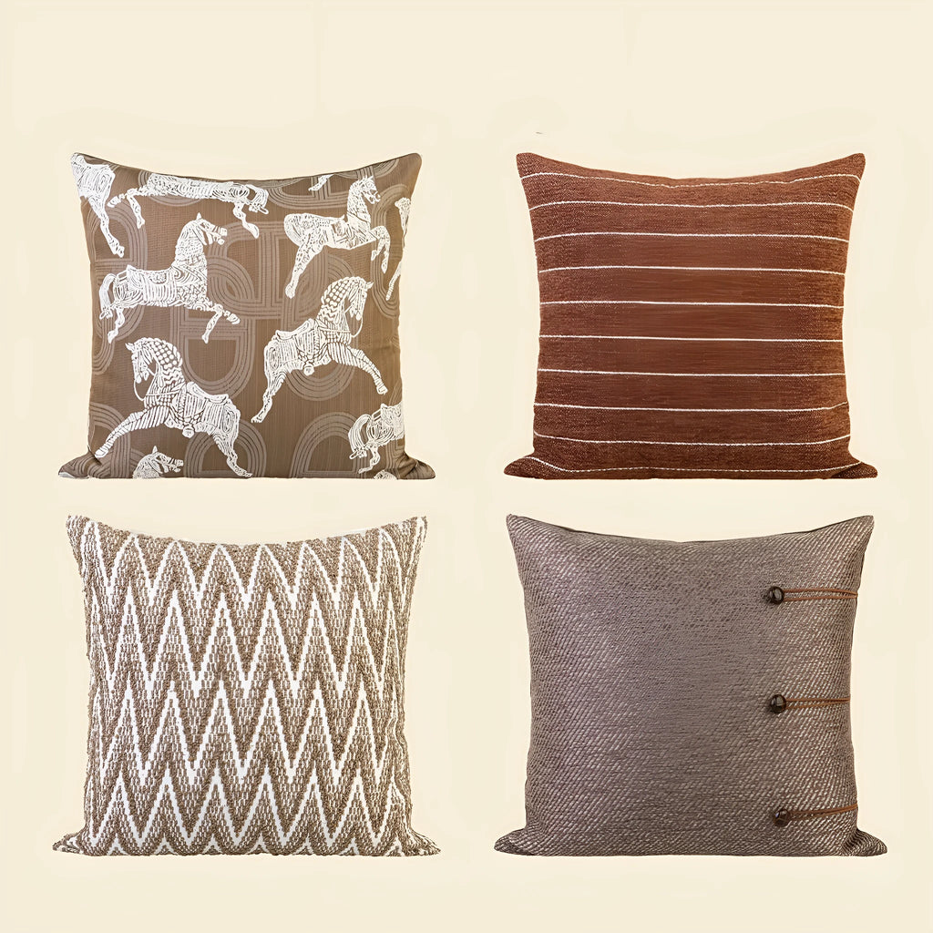 Square Chinese style decorative cushion in brown geometric patterns on a sofa
