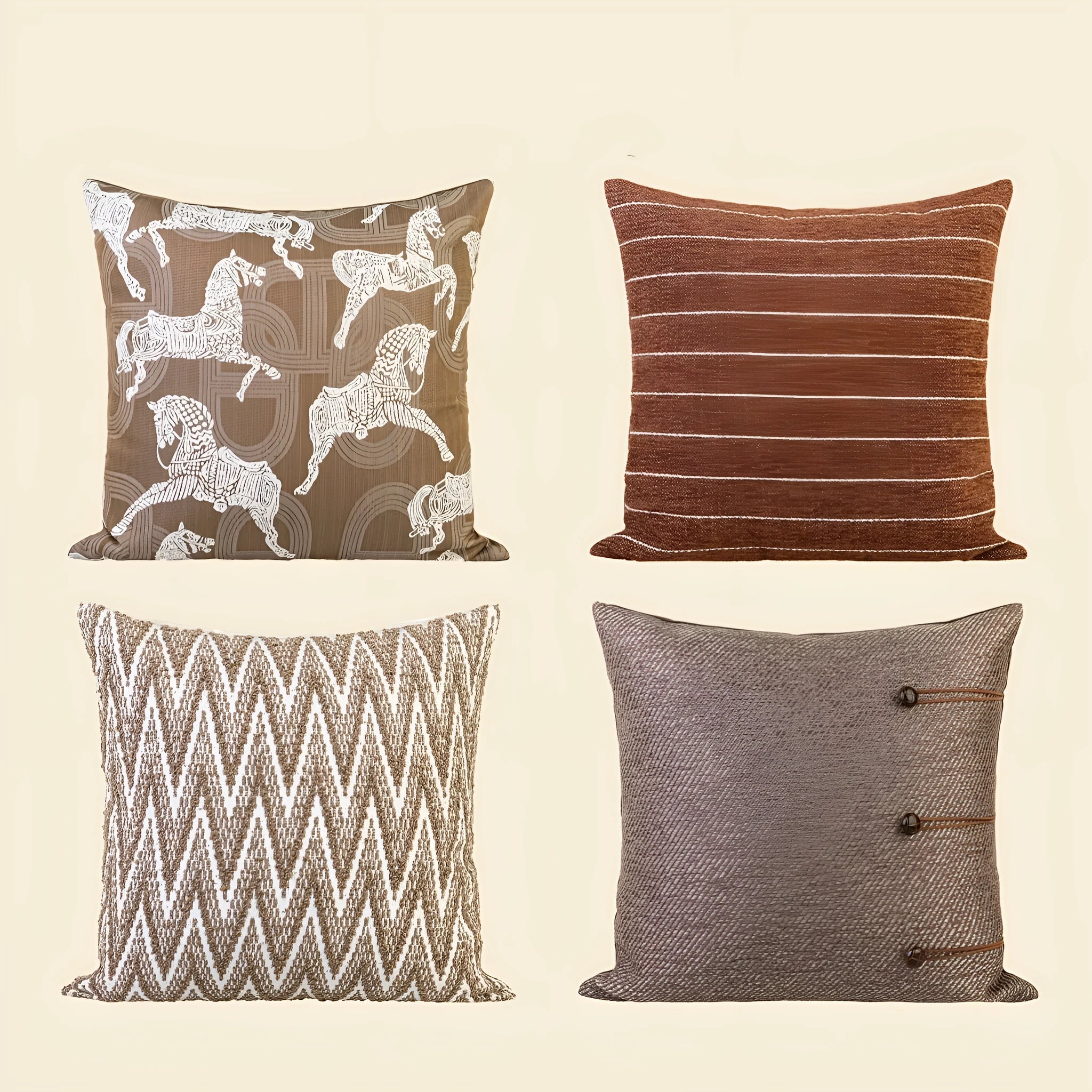 Chinese style square cushion in brown Maillard colour on a sofa.