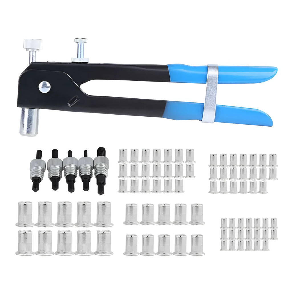 Alloy steel manual riveter tool with a case of rivet nuts and mandrels.