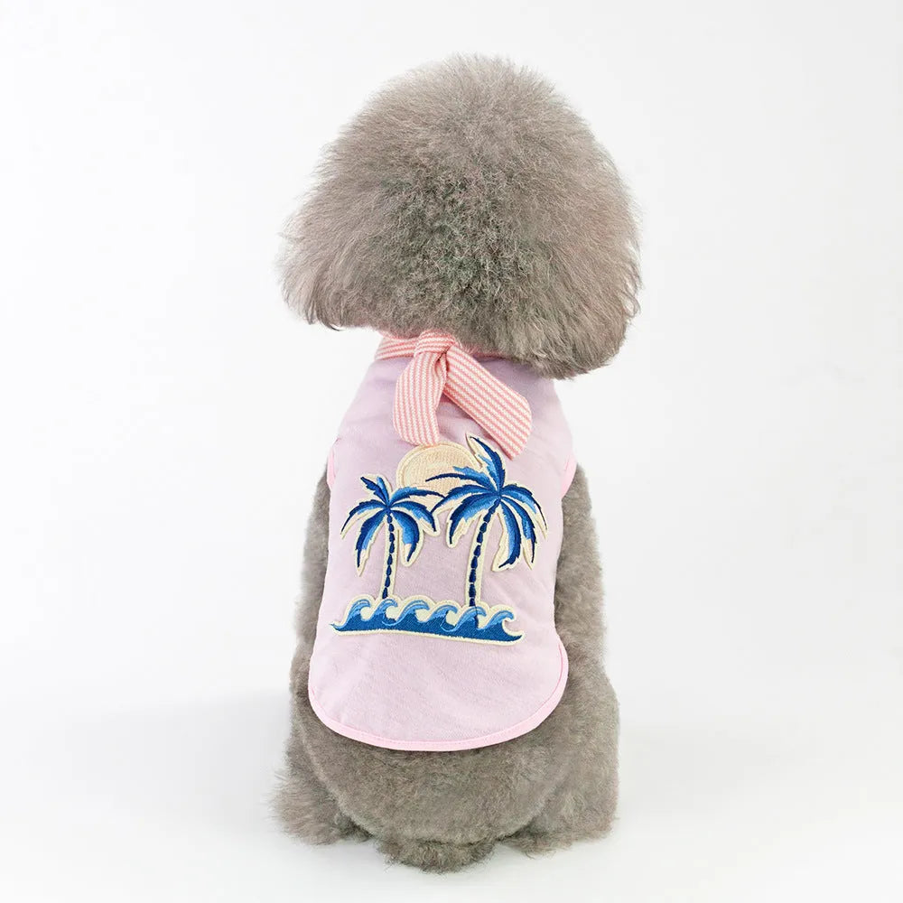 Cotton pet clothing with coconut tree embroidery in pink, casual dog coat for small to large breeds