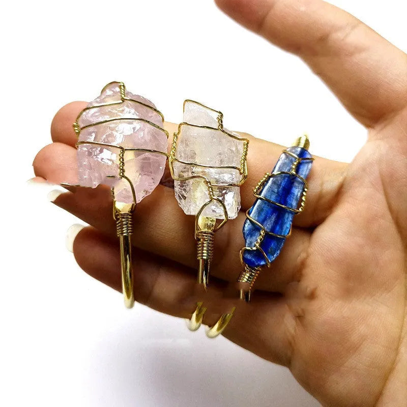 Gold winding geometric bracelet with natural crystal rough stones in bohemian ethnic design